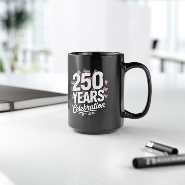250 Years Celebration Mug, Black Ceramic Coffee Cup, Patriotic Mug, 15oz Commemorative Mug, Independence Day Gift, Events Keepsake